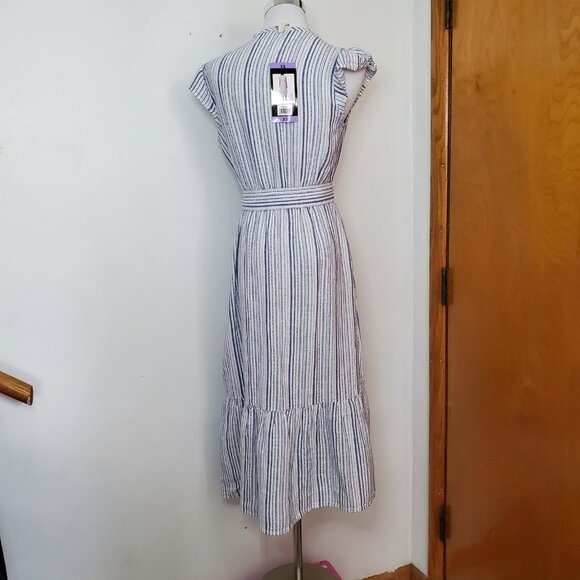 Briggs Women's Linen Blend Size XS Tiered Flutter Cap Sleeve Dress White Blue - Picture 5 of 15